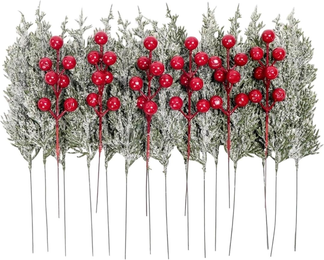 Artificial Pine Branches Red Berry Stems Fake Christmas Greenery Pine Picks for Tree Wreath DIY Home Garden Decor (Red, 40Pcs)