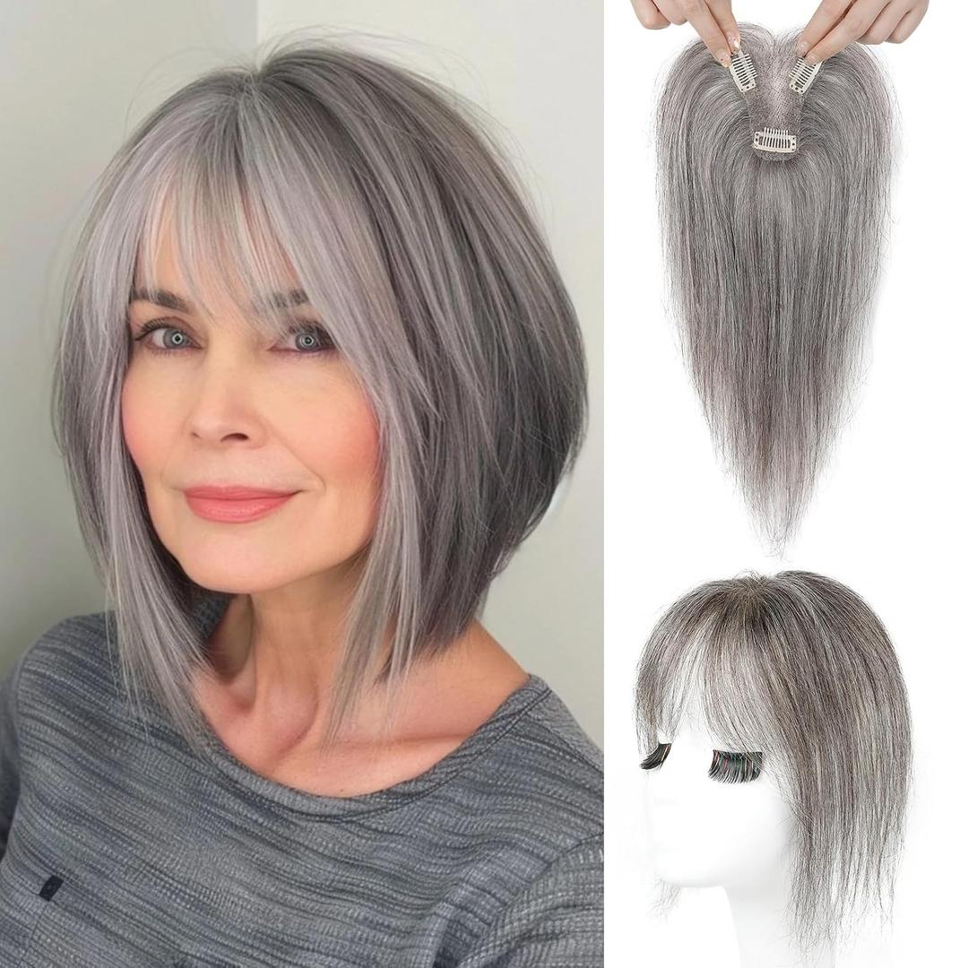 REECHO Hair Toppers for Women Real Human Hair, Seamless Human Hair Toppers with Bangs, 360 3D Cover Clip in Bangs Hair Extensions for Daily Wear, Dark Gray