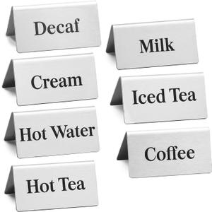 7 Pcs Stainless steel coffee beverage table tent signs Double sided metal tea sign for Cafe Coffee bar Party Buffet Restaurant Indoor Outdoor Table Display Signs 2.95 x 1.57Inch
