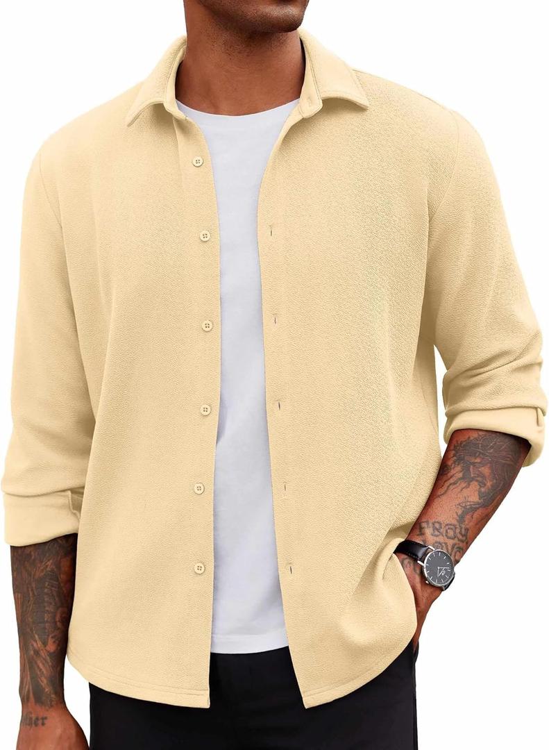 COOFANDY Men's Overshirt Shacket Jacket Men's Textured Button Down Long Sleeve Shirts Fashion Jacket (Medium, Light Khaki)