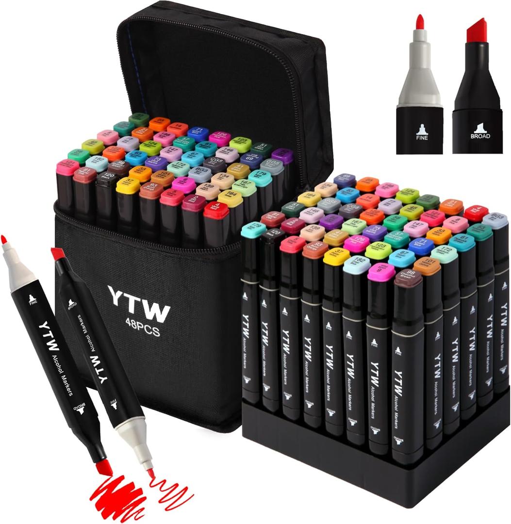 YTW Alcohol Markers, 48 Colors Dual Tip Art markers, Drawing Markers, Coloring Marker for Adults Coloring Drawing, Chisel & Fine