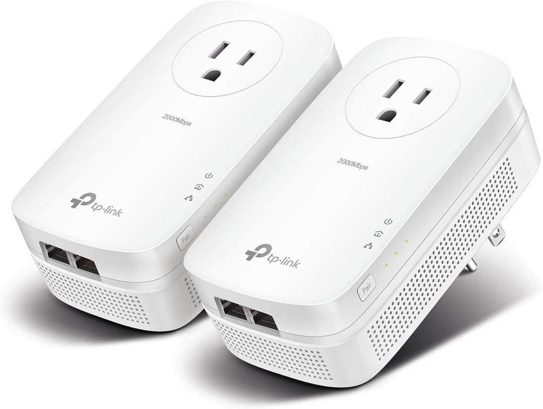 TP-Link AV2000 Powerline Ethernet Adapter TL-PA9020P KIT - Powerline Network Adapter w/ Passthrough, Noise Filter, 2x2 MIMO, 2 Gigabit Ports, Ethernet Over Power, Plug Pair & Play, Power Saving Mode