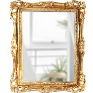 Feyarl Vintage Makeup Mirror Decorative Resin Tabletop Vanity Mirror Stand Dresser Wall Mounted Mirror for Bathroom Bedroom Desktop Wedding Home Decor (10.8 x 9.4 Inch) (Gold)