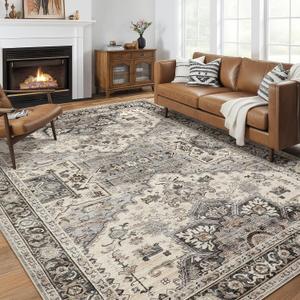 Area Rug for Living Room - 9x12 Soft Machine Washable Oriental Vintage Floral Distressed Large Indoor Floor Carpet for Bedroom Under Dining Table Home Office Decor - Brown (9ft x 12ft)