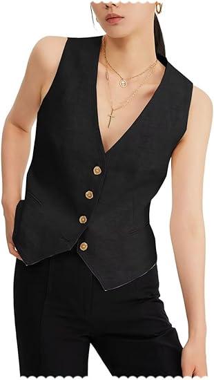Women's V-Neck Vest Vest 4 Button Lightweight Business Slim Sleeveless Waistcoat (Black), Size M