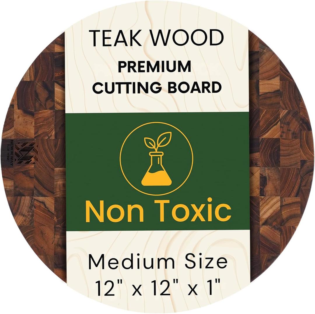 Teak Wood Round End Grain Cutting Board 11.8 Inch, Non Toxic Solid Wood Cutting Board for Kitchen Prep, Pizza & Serving Board with Handle by New M Way