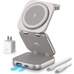 5-in-1 Wireless Charger for MagSafe, AC ISLAND Portable Travel Charging Station, 35W Max Fast Foldable Magnetic Stand, Evolved for iPhone 17-12 & Air Series, Apple Watch, AirPods (with 35W Adapter) (Titanium)