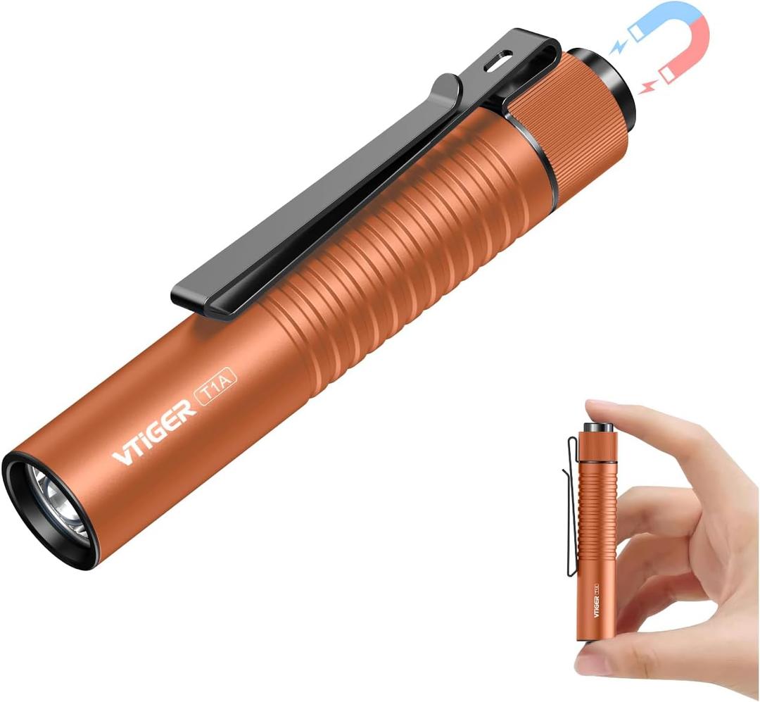 VTIGER T1A Mini Pocket EDC Flashlight with Clip,1300 Lumen Compact AA Rechargeable LED Little Flashlights, Super Bright Tail Switch Small Flash Light with Magnet for Camping,Hiking,Outdoor,Emergency (Orange)