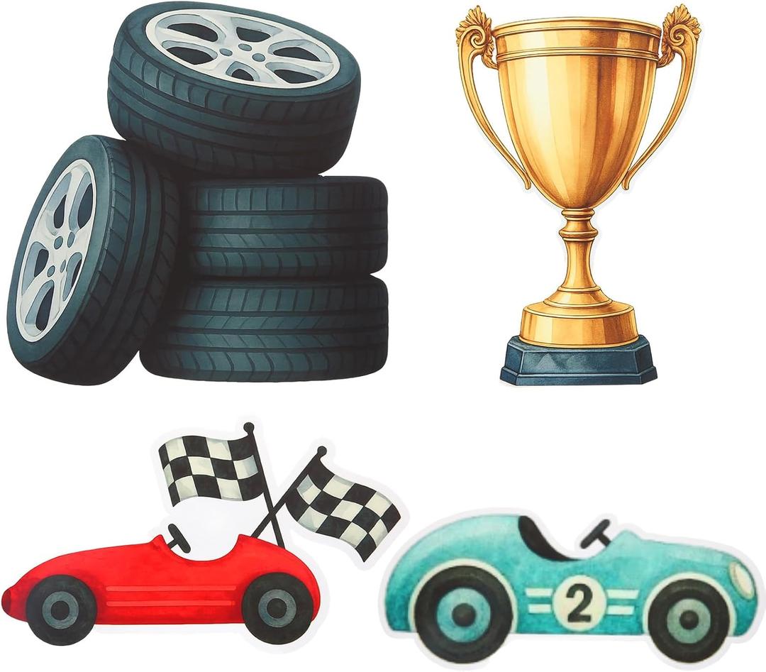 Honoson 4 Pcs Large 30" Racing Car Cardboard Cutouts Standup, Race Car Birthday Party Decorations Check Flag Trophy Tire Photo Booth Props for Photography Backdrop Baby Shower Party Supplies Yard Sign, 19.88 inches x 21.85 inches