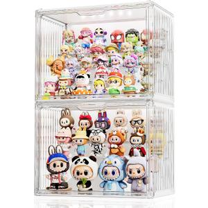 JOYZAN Clear Acrylic Display Case with Lights, 4 Tier LED Display Case for Collectibles 14.2" x 8.67" x 10.6" Stackable Lighted Display Box with Magnetic Door - Large 2 Packs
