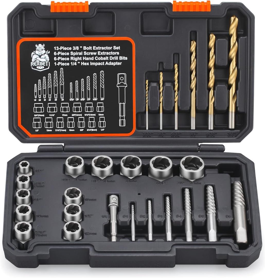 REXBETI 26-Piece Bolt Extractor Screw Extractor Set and Cobalt Drill Bit Set, Case with 13-Piece Bolt Extractor, 6-Piece HSS Drill Bit, 6-Piece Spiral Screw Extractor and 1-Piece Socket Adapter