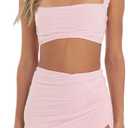 CSDAJIO Summer 2 Piece Outfits for Women Sleeveless Square Neck Crop Top Ruched Strappy Tank and Bodycon Mini Skirt (Medium, Lightpink)
