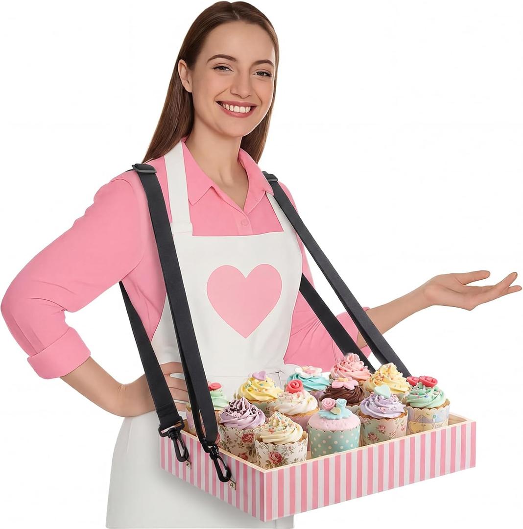 1 Pcs Wooden Snack Trays with Strap 15 x 10 x 2.7 Inch Movie Night Snack Popcorn Usherette Vendor Drink Beverage Carrier for 20's Costume Carnival Mother's Day (Pink and White Stripes)