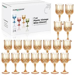 XUWAIDSGN 24 Pcs 7oz Plastic Vintage Wine Glasses Drinking Glasses Unbreakable Wedding Glassware Crystal Water Goblets Reusable Drinkware Vintage Champagne Flutes (24, Amber)