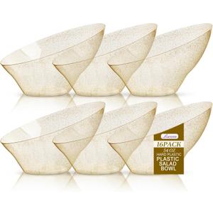 Liacere 16PCS Gold Plastic Serving Bowls - 54 OZ Angled Table Salad and Fruit Bowls Disposable for Chip & Candy - Ideal for Party & New Year