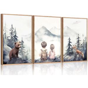 3Pcs Adventure Nursery Wall Art Woodland Animals Bear & Fox Wall Decor Watercolor Mountain Kids Canvas Posters for Classroom Baby Room Decorations Unframed