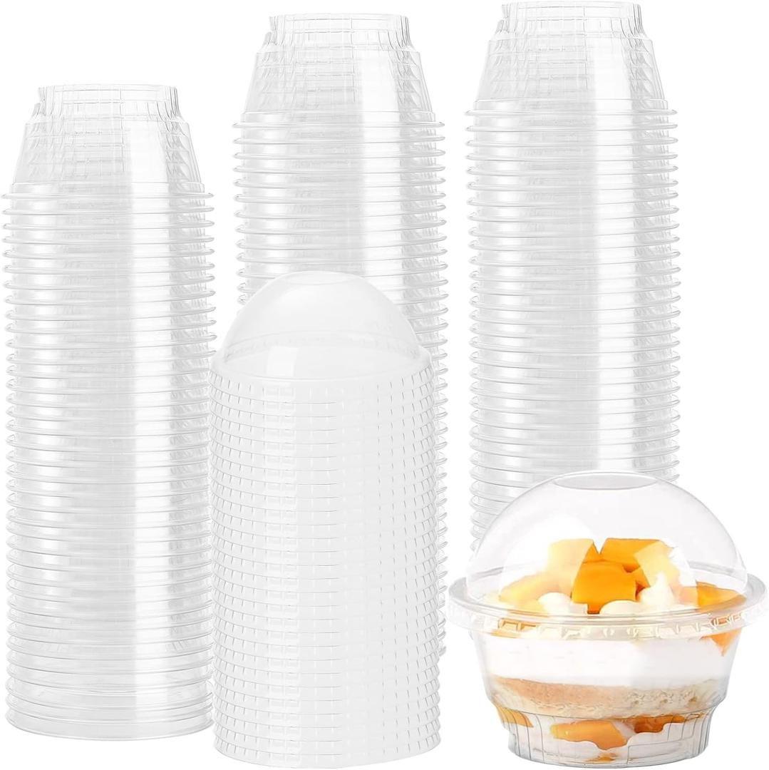 Lyellfe 100 Pack Dessert Cups with Dome Lids, 5 oz Clear Plastic Cups, Disposable Ice Cream Cups for Take Away Food Dessert Cupcake and Fruit