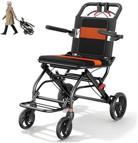 Transport Wheelchair Lightweight Foldable with Telescopic Handle, Portable Folding Wheelchair with Hand Brakes, Compact Travel Wheelchair for Adults & Seniors, Easy Storage,Only 22LBS (Orange)