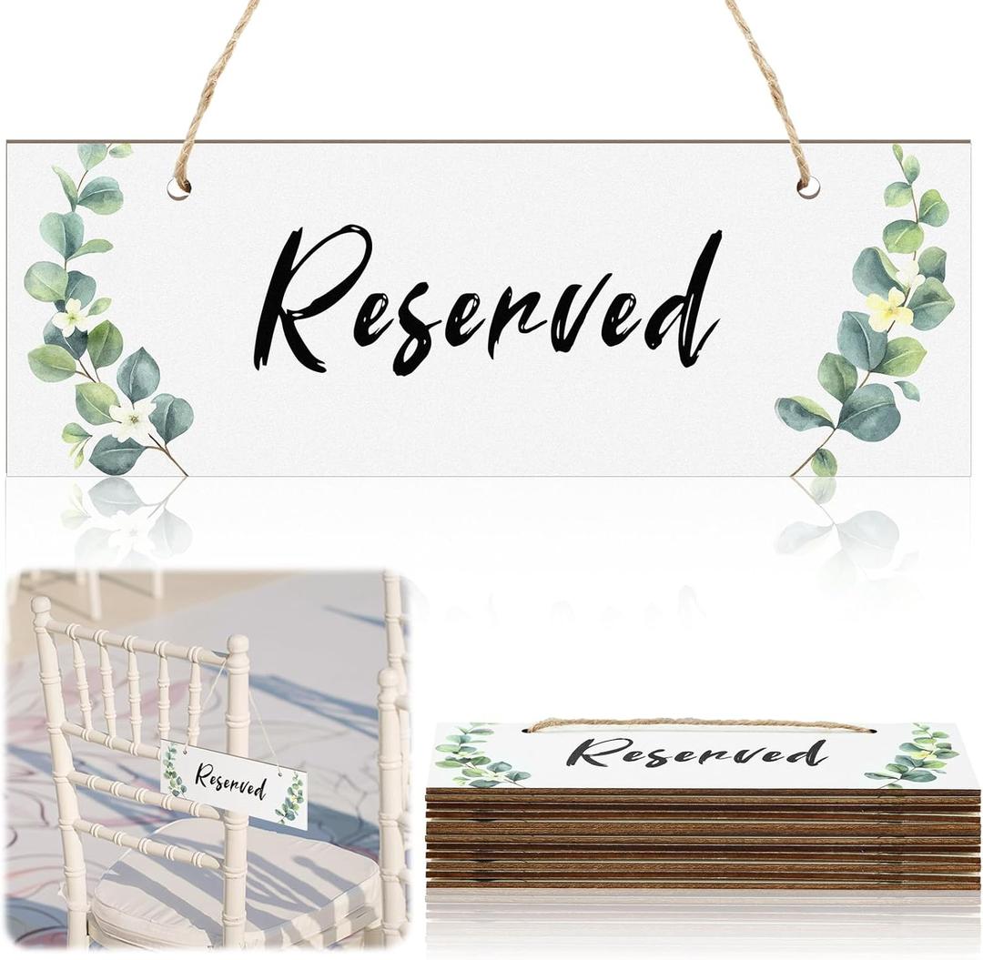 Thyle 12 Pcs Reserved Signs for Wedding Chairs Hanging Wooden Eucalyptus Signs Ceremony Farmhouse Seating Tag with Ropes Rustic Style Special Events Church Pews Restaurant Reception Decor