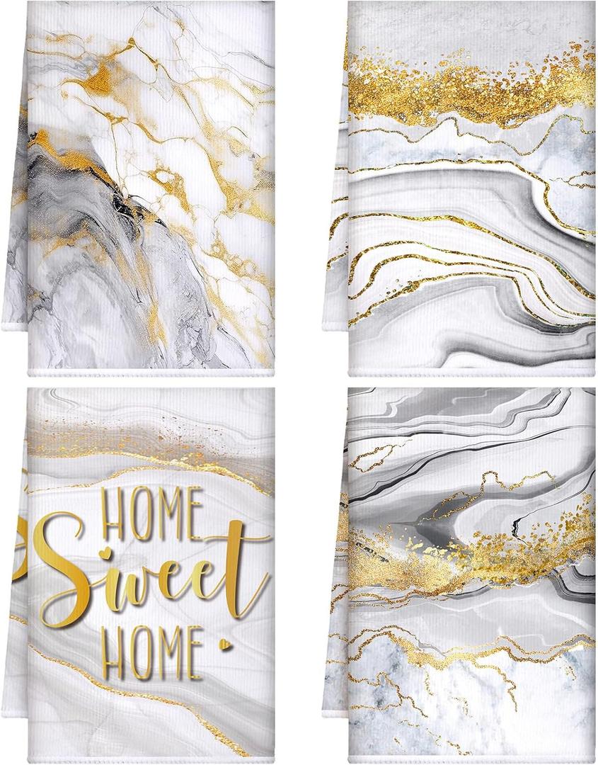 Geyoga 4 Pcs Marble Kitchen Dish Towels White and Gold Bathroom Hand Towels Absorbent Marble Tea Washcloths for Winter Spring Bathroom Decor Kitchen Accessories Gifts