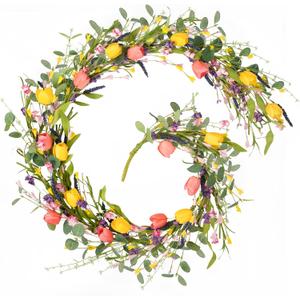 HOHOTIME 6FT Tulip Flower Garland with Eucalyptus, Artificial Spring Floral Vines for Mantle Wedding Porch Staircase Indoor Decor, Fake Wildflower Home Decoration (Pink Yellow Tulip)