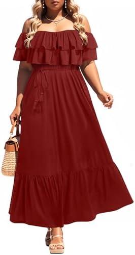 Plus Size Off The Shoulder Maxi Long Casual Layered Ruffle Beach Sundress Women Pocket 2024, Size 20W