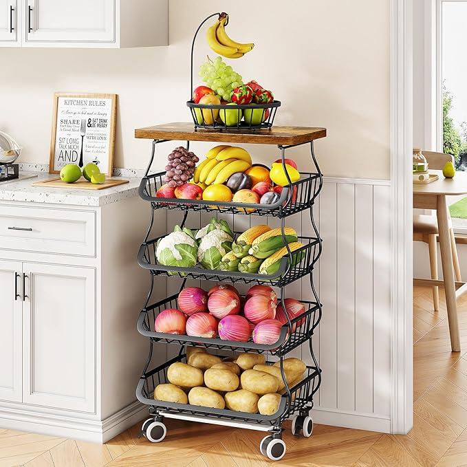 SAYZH Fruit Basket Kitchen Pantry Organizers and Storage  5 Tier Stackable Metal Wire Basket Stand for Fruit Vegetable Snacks Jars Bins Containers Organization, (Black, 5 Tiers)