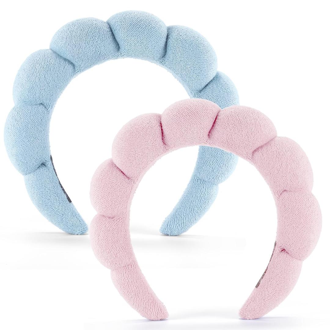 Spa Headbands for Face Washing, Facials, Masks & Skin Treatments, Set of 2, 100% Cotton Terry Cloth, Plush Soft Absorbent Headband, Pink & Blue