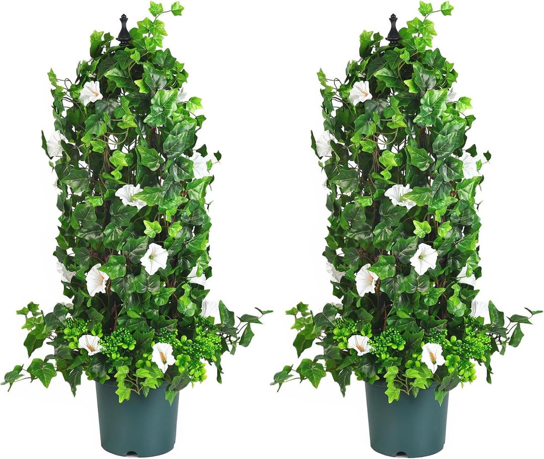 QIANYUN Artificial Plants Outdoor-Fake Ivy- 3FT Outdoor UV Resistant Plant Planter Box and Trellis Evergreen Topiary for Indoor Outdoor Home Front Porch Decor