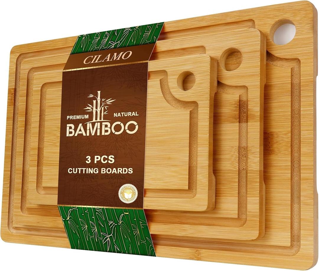 Bamboo Cutting Board [Set of 3], Wooden Cutting Boards for Kitchen, Wood Cutting Boards with Deep Juice Groove & Side Handles,Charcuterie Board for Meat, Ideal for Meal Prep and Chopping