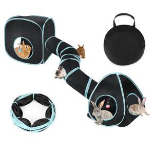 BWOGUE Bunny Tunnels & Tubes Collapsible Rabbit Hideout Tube and Foldable Cubes Playground Small Animal Activity Hideaway for Dwarf Rabbits Bunny Guinea Pigs Kitty (Blue Black)