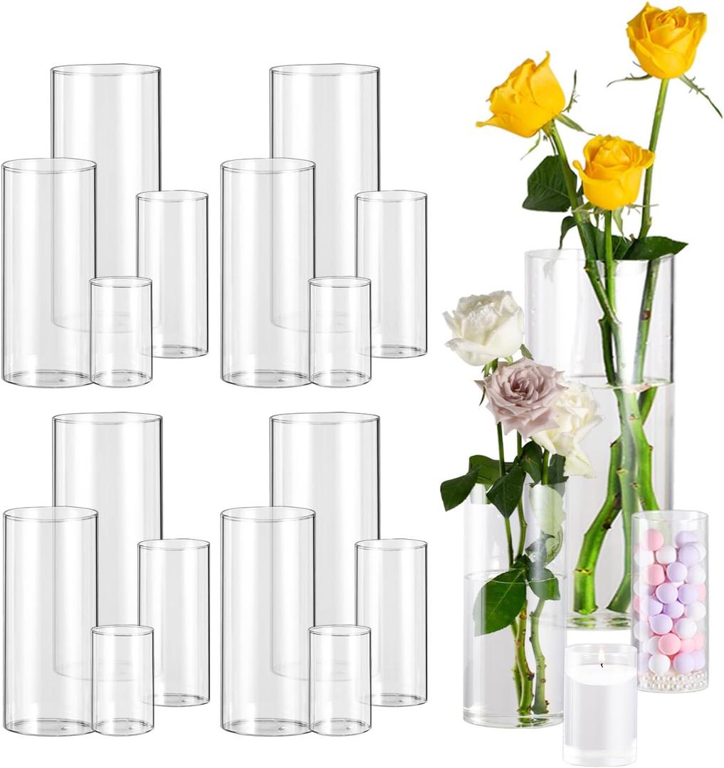 Clear Glass Cylinder Vases for Centerpieces, 4,6,8,10 Inch Tall Clear Flower Vases Wedding Decorations, Glass Hurricane Candle Holder for Table Shelf (16 Pack(4,6,8,10 Inch))