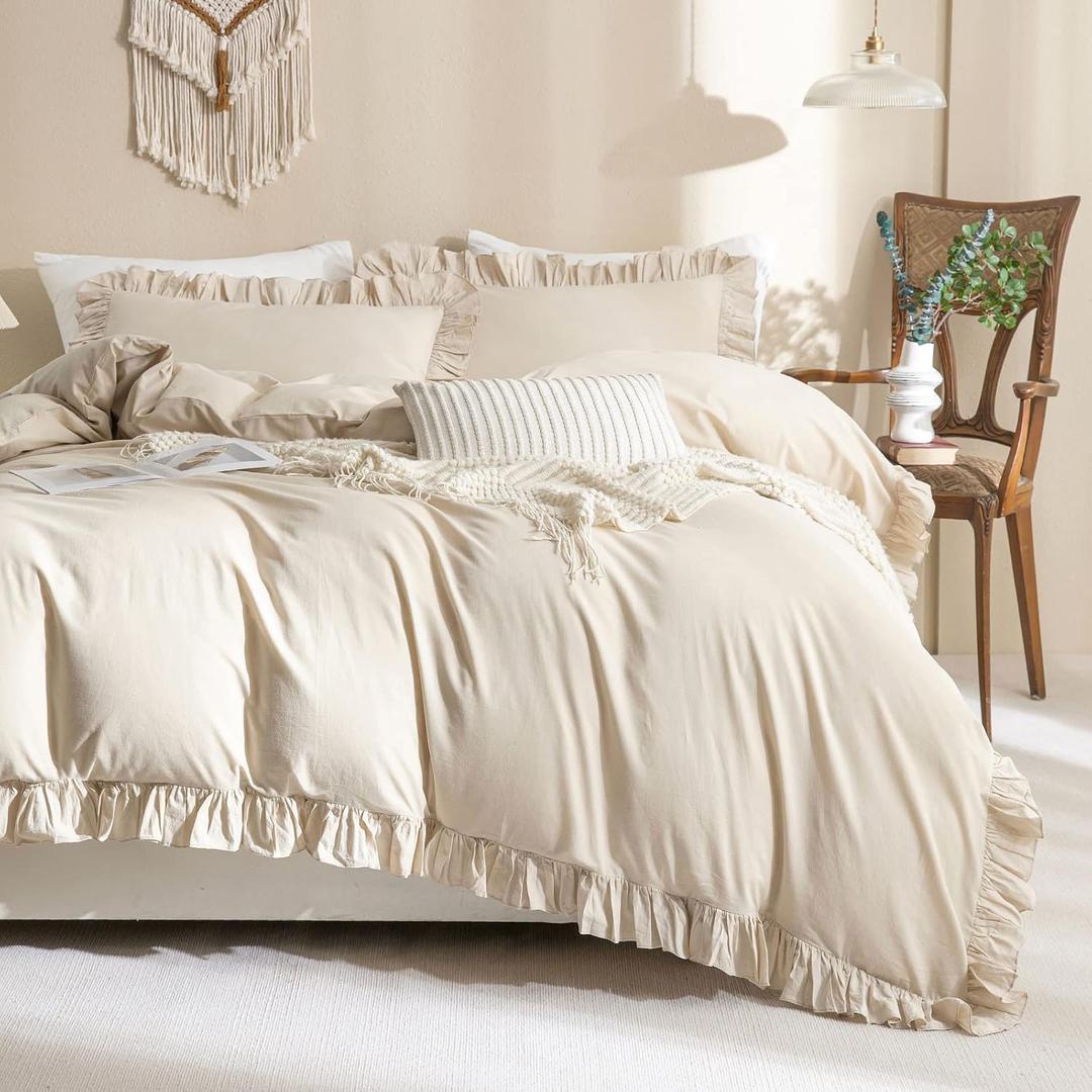 QSH Washed Cotton Queen Duvet Cover Set Ruffle Duvet Cover Linen Textured Farmhouse Shabby Vintage Chic Bedding Comforter Cover 3 Pieces Aesthetic French Country Queen Bed Set