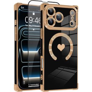 OOK Magnetic Case for iPhone 17 Pro 6.3 Inch [Wireless Charging Compatible] Soft TPU Heart Design Phone Cover with Screen Protector Shockproof Protection Slim Case for Women - (Black (NO Strap))