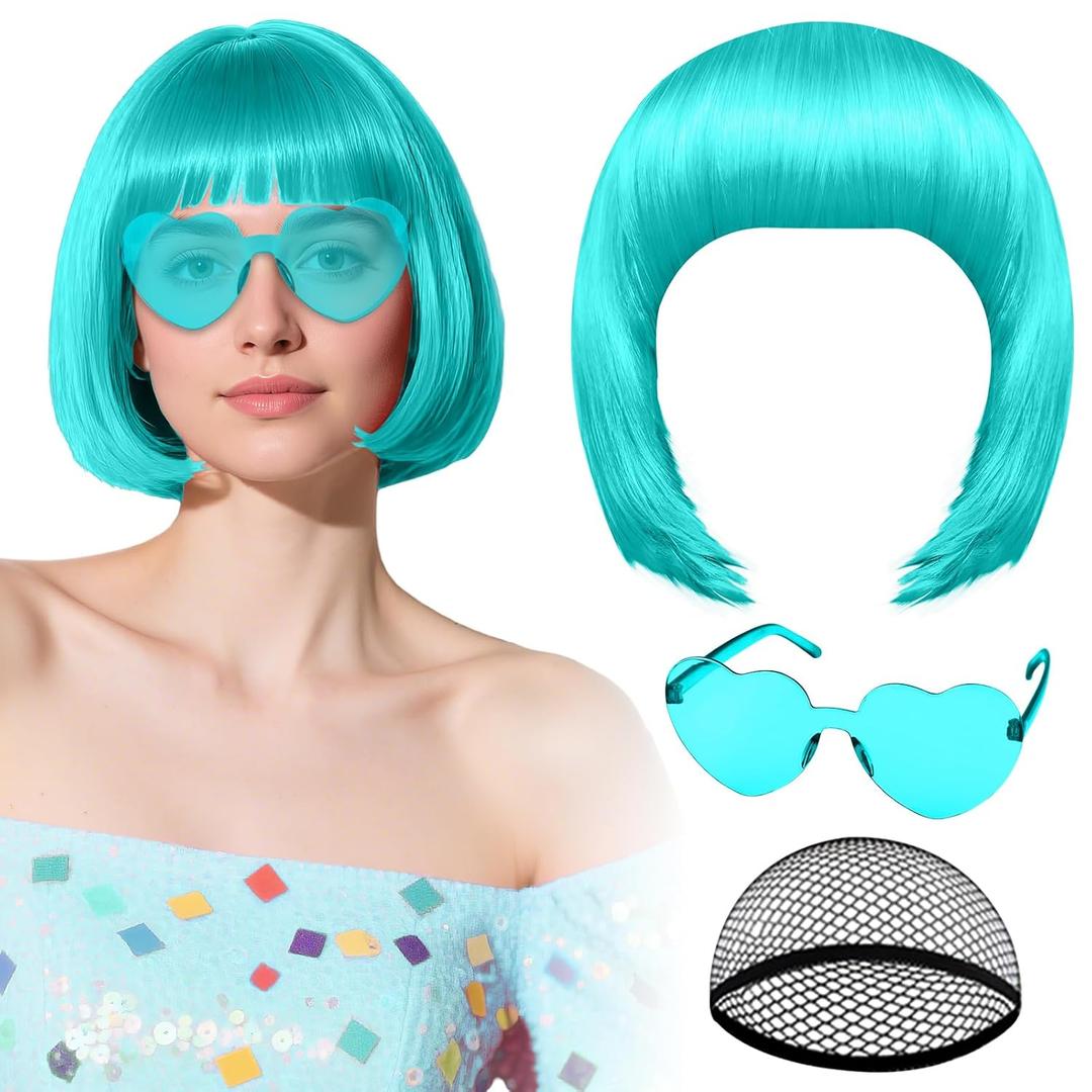PLULON Aquamarine Bob Wig with Heart Sunglasses and Hair Cap for Women, Short Bob Wigs Synthetic Colored Funny Cosplay Hairpieces for Women Men Daily Bachelorette Halloween Costume Party Decorations (Lake Blue)