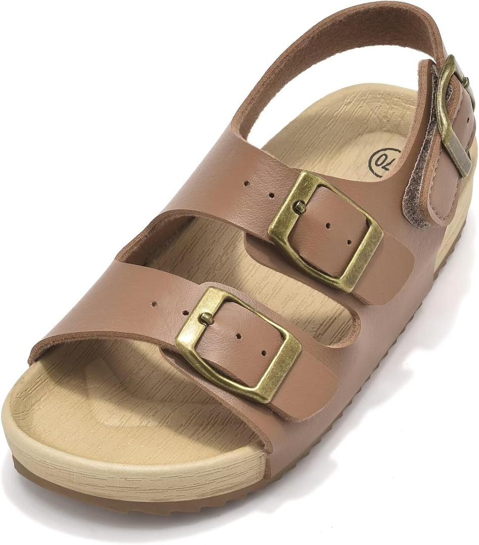 Girls Boys Sandal Adjustable Double Buckle Casual Flat Open Toe Lightweight Summer Shoes Hook Loop Sandal for Toddler Little Big Kid (190, Brown)