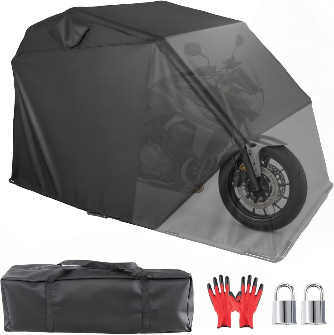Motorcycle Cover Shelter Storage, 110" x 47" x 63", with Lock & Carry Bag, Heavy Duty 600D Oxford Vehicle Shed Cover Garage Tent with 2 Roll-Up Side Windows - Black
