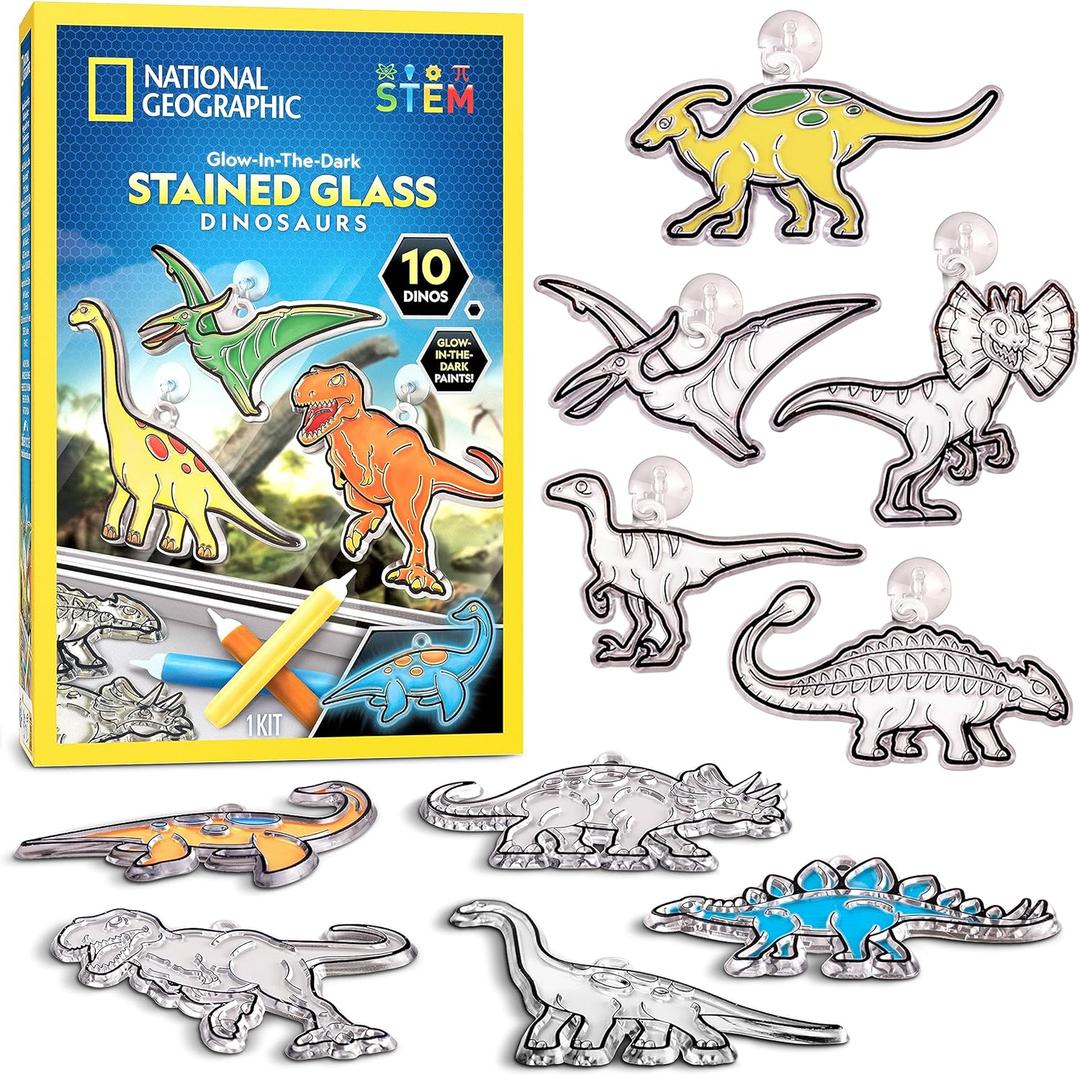 NATIONAL GEOGRAPHIC Glow in The Dark Dinosaur Stained Glass Art Kit - Window Sun Catchers and Crafts for Kids Ages 4-8