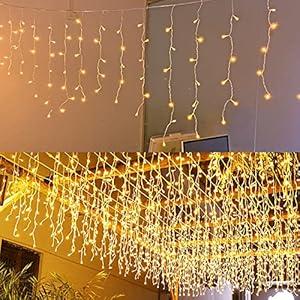JIAMEIYI LED Icicle Lights, Curtain Fairy Hanging Lights String 8 Modes 13FT 96 LEDs Christmas Extendable Plug in Lights for Party Ceiling Balcony Patio Outdoor Indoor Decoration (Warm White, 4)
