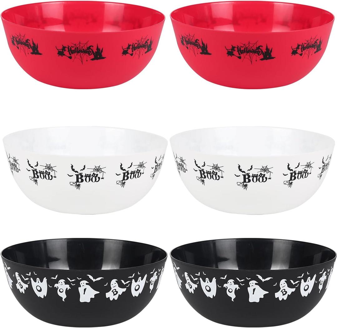 AUECOOME 6 Pieces halloween bowls for candy large - Plastic Trick or Treat Bowls, Reusable Serving plastic bowl for Halloween Party Supplies (Black White Red)