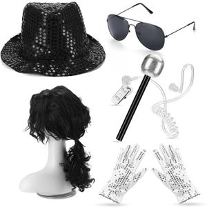 Leumoi 6 Pcs Halloween Pop Costume Dance Star Costume Includes Long Curly Wig Black Hat Sequin Glove Sunglasses Earpiece Microphone for Pop Stage 80s 90s Party Mens Adult Halloween Cosplay