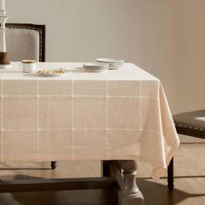 ZeeMart Grid Embroidered Hemmed Tablecloths, Cream 60x84 Inch, Farmhouse Style Heavy Weight Cotton Linen Cream Tablecloths, Boho Plaid Water Resistant Rectangle Table Cloth, Hem/Cream 