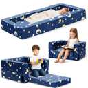 FRUITEAM Toddler Travel Bed, 3-in-1 Portable Kids Sleeper with Moon Star Cloud Print for Camping & Indoor/Outdoor Use | Flip-Open Design with High-Density Foam & Machine Washable Cover - Blue