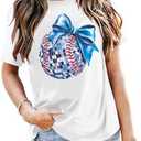 QLIPIN Baseball Bow Shirt Womens Baseball Shirt Baseball Mom Shirts Disco Ball Coquette Bow Short Sleeve Tee Tops XL