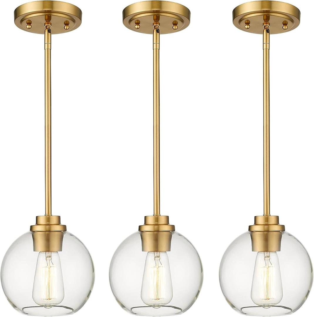 3-Pack Pendant Lights Kitchen Island, Gold Hanging Lights Fixtures with Clear Glass Globe Shade, Brass Kitchen Island Lighting for Dining Room, AD-22280-1P3-GD