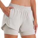 Stelle Women 2 in 1 Running Shorts High Waisted Athletic Shorts Gym Workout Shorts with Liner Zipper Pockets (Beige, XXL)