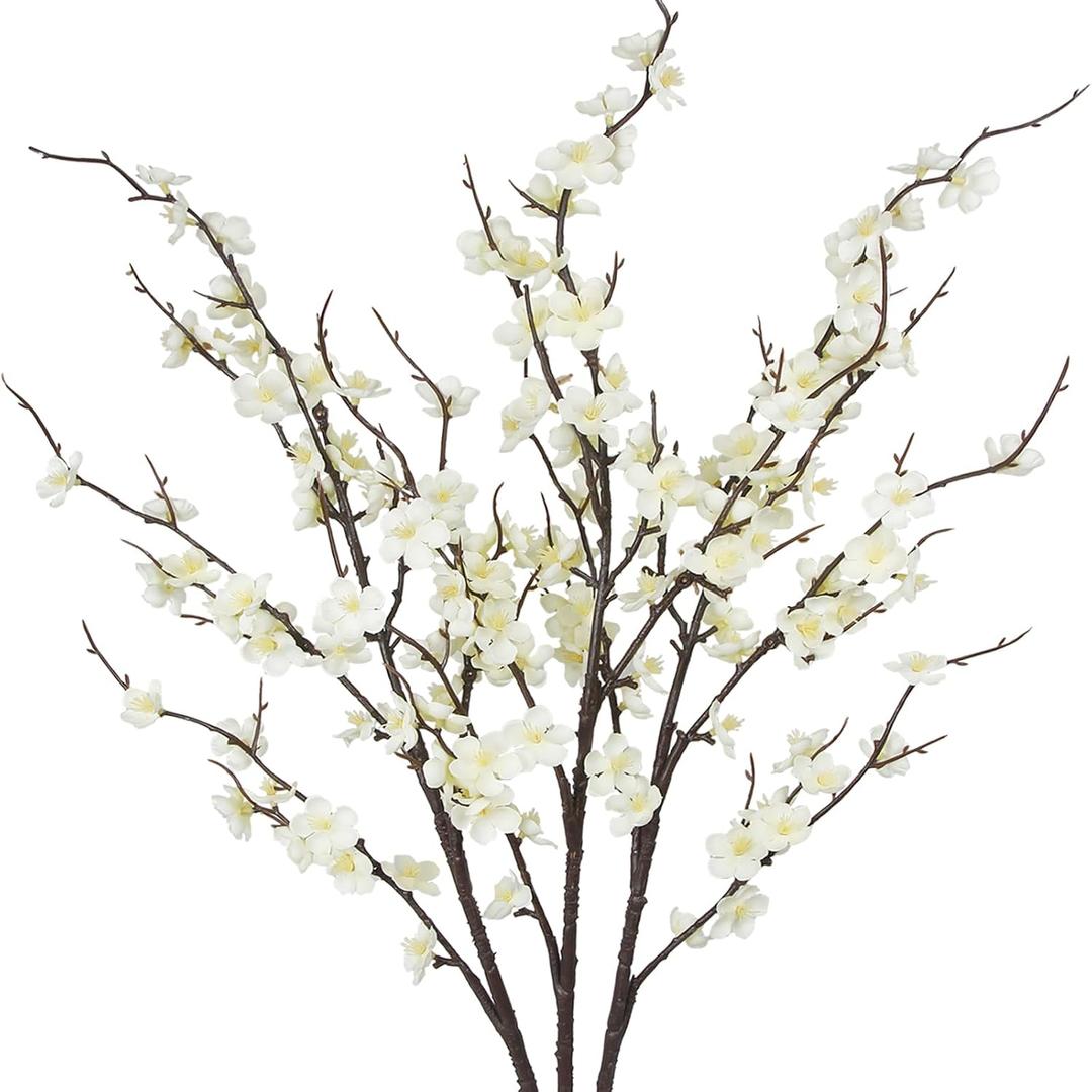 3 Pcs Cherry Blossom Branches Artificial Flowers for Spring Indoor Decoration White Faux Spring Flowers Stems 37" Cherry Blossom Tree Decor with Long Stems for Tall Vases Arrangements Table