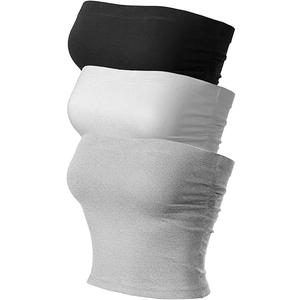 MixMatchy Women's 3 Pack Casual Summer Ruched Side Backless Double Layered Tube Top with Built in Shelf Bra,  L