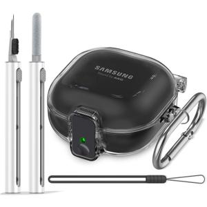 Samsung Galaxy Buds Case with Safety Lock - Clear Protector & 3-in-1 Cleaner Kit, Anti-Lost Keychain & Silicone Wrist Strap (Black) (A6-Black+Bi)