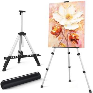 Art Easel Stand for Painting or Sign, Portable Adjustable 66 inches Display Tripod Artist Floor Aluminum Metal Easel with 1 Bag for Table-top/Floor Drawing, Sturdy for Canvases Displaying - Silver